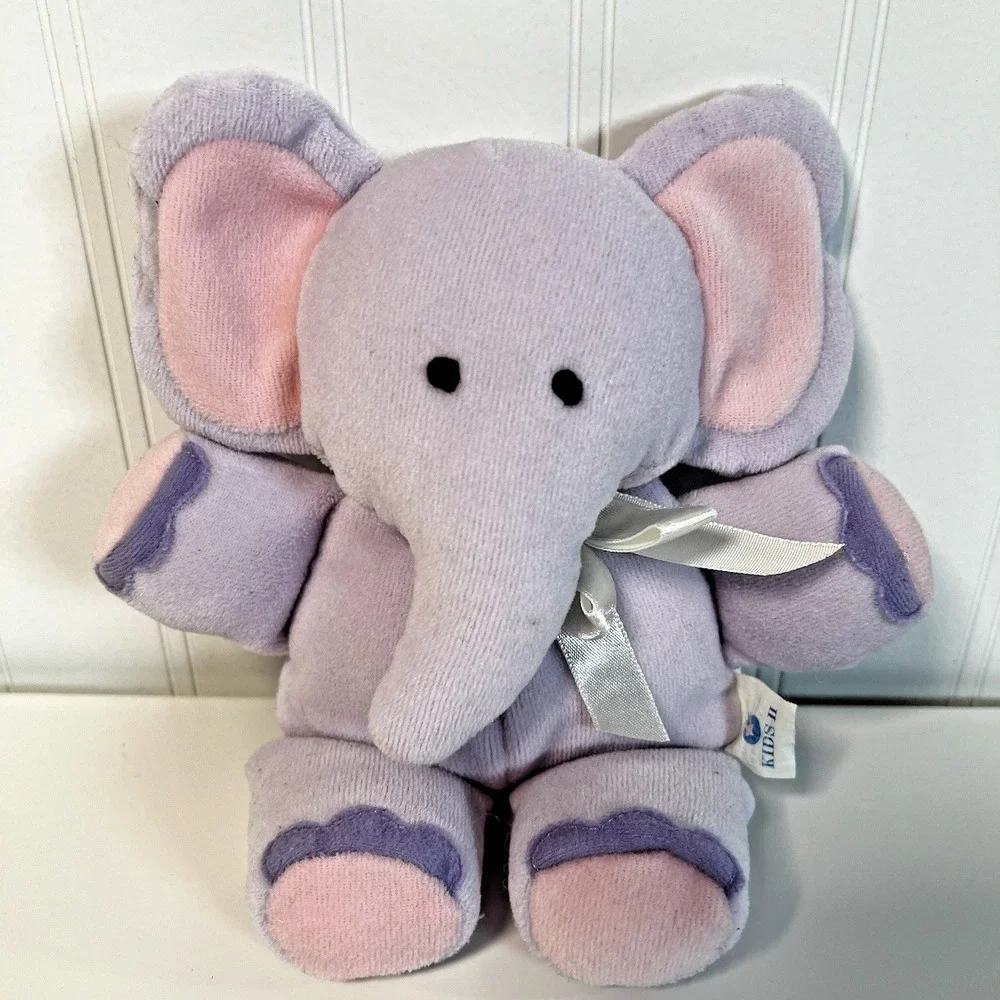 Kids II 2 Purple Elephant Soft Plush Lovey Baby Rattle With Satin Ribbon Vtg